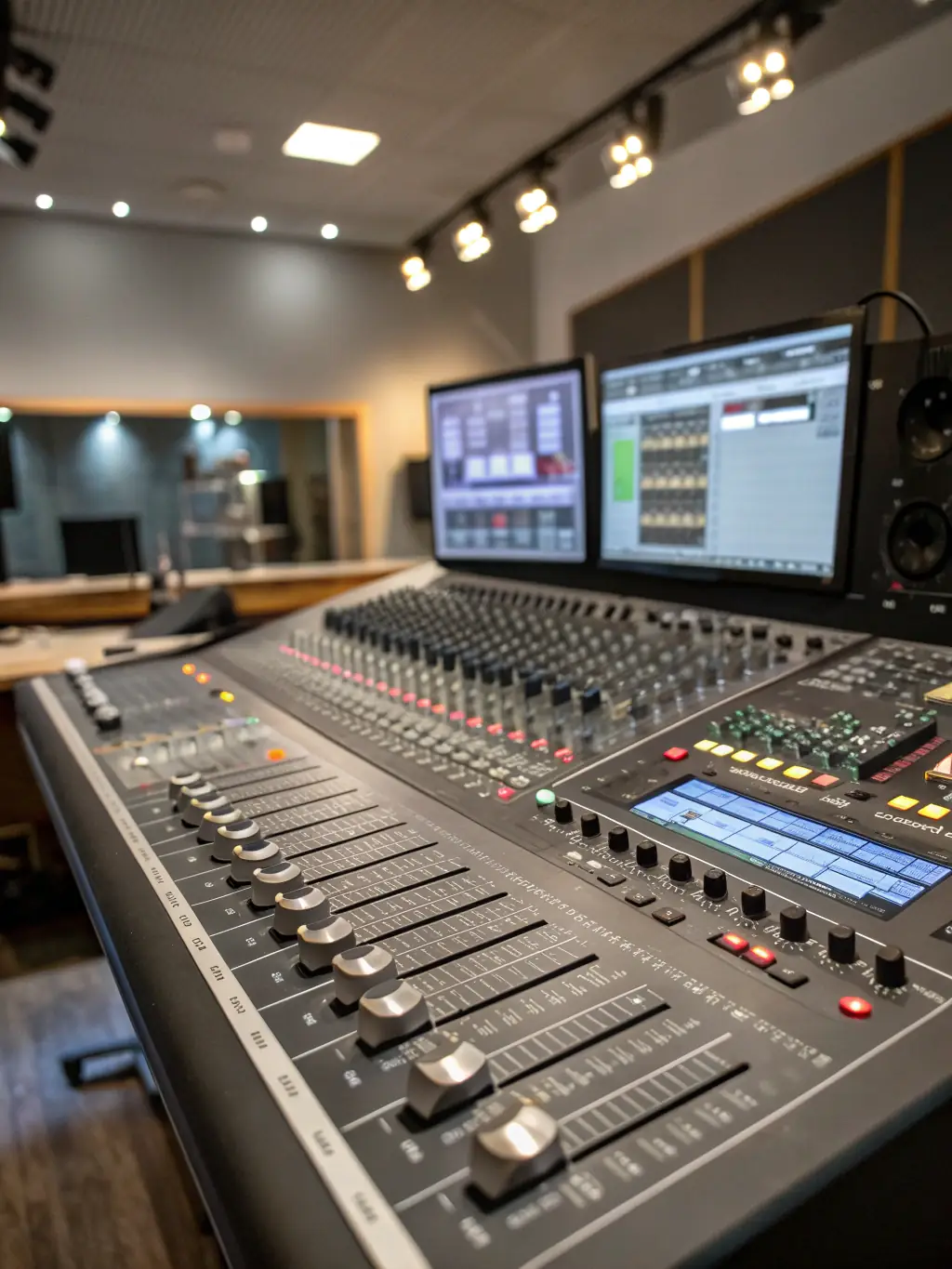 A professional recording studio setup with a mixing console, microphones, and soundproofing, representing MYSTIKAL MAN RECORDS' commitment to high-quality music production.