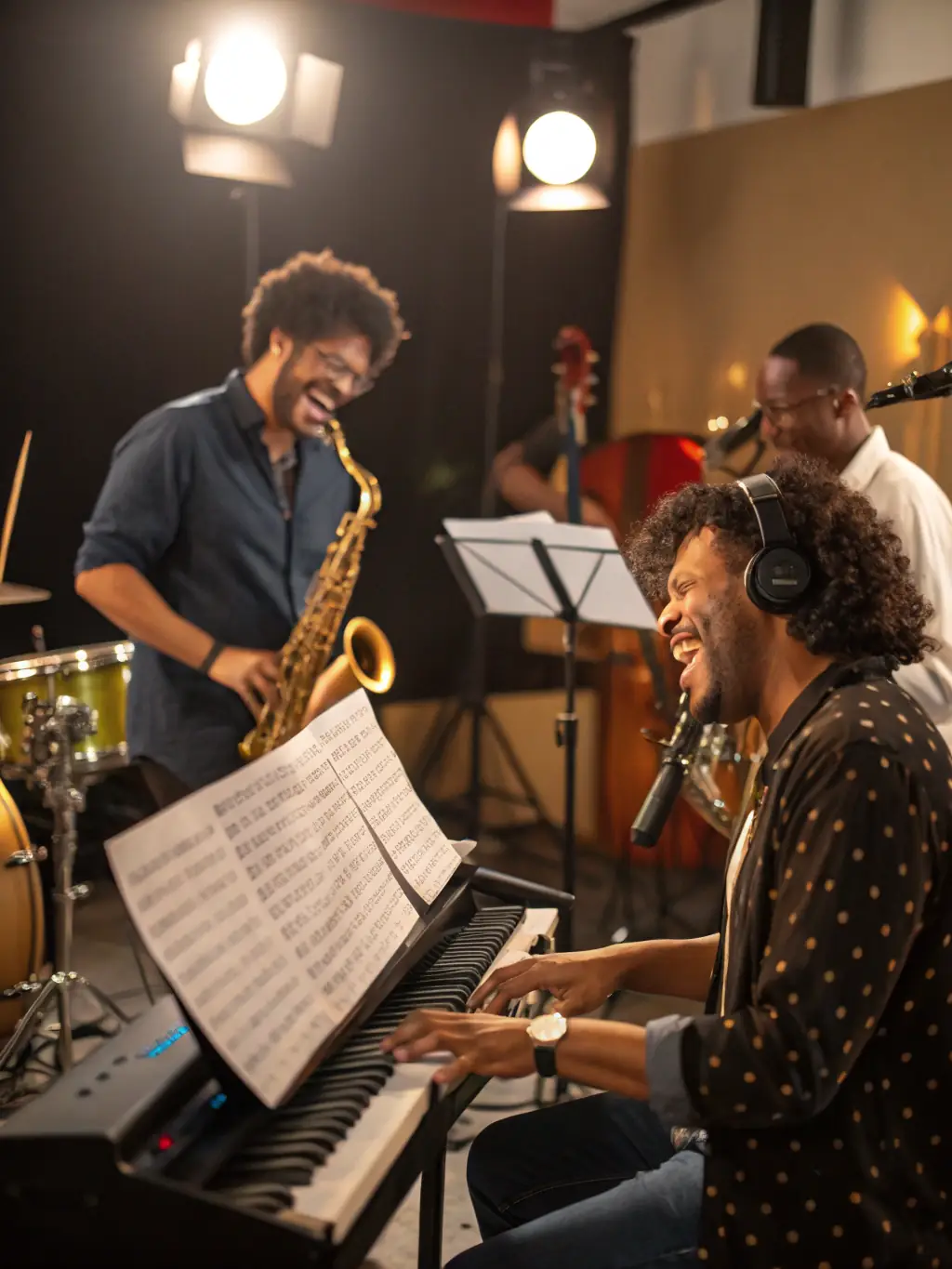 A diverse group of musicians collaborating on a project, symbolizing the collaborative spirit of MYSTIKAL MAN RECORDS' programs.