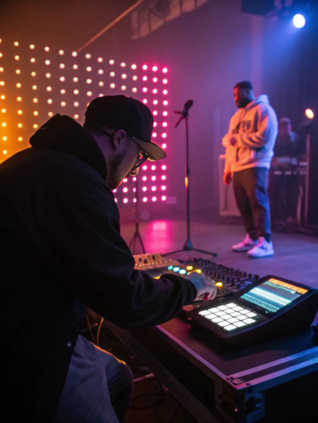 An image of a recording studio with artists collaborating with producers, showcasing the Artist Development & Production program.