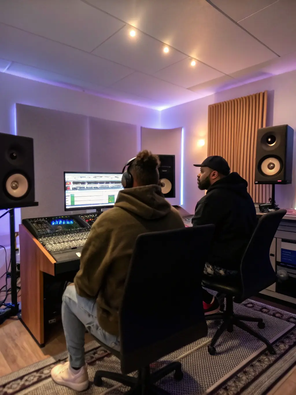 A photo of a music producer working with an artist in a modern recording studio, showcasing MYSTIKAL MAN RECORDS' commitment to artist development and production.