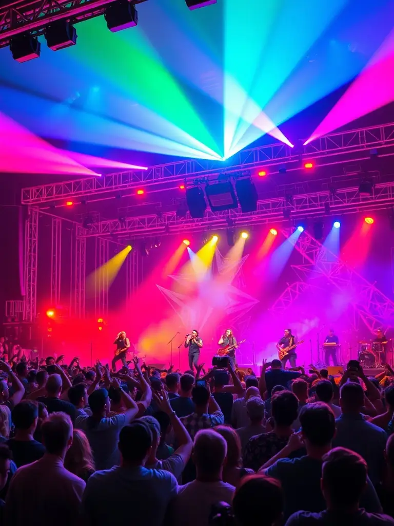 A vibrant concert scene with artists performing on stage and an engaged audience, representing the Event Organization & Tours program.